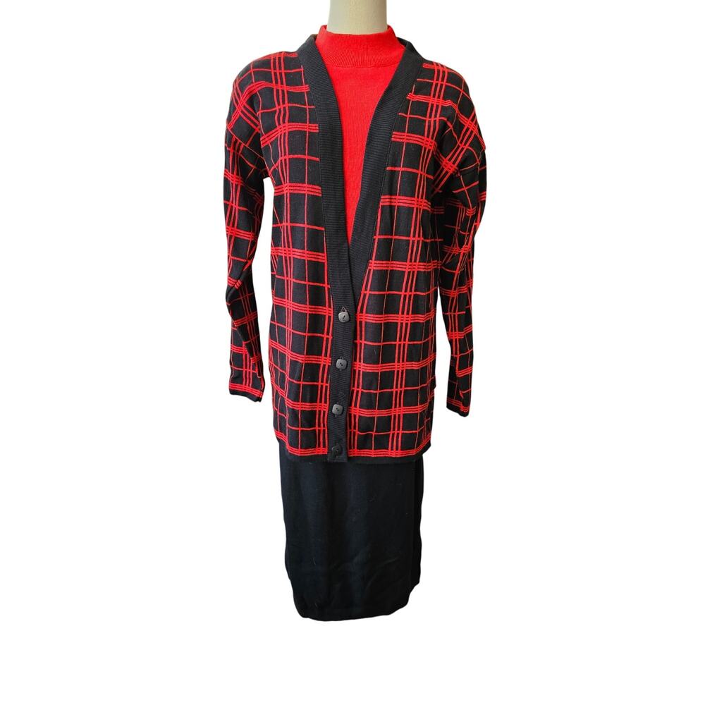 Vintage 80s 3 Pc Parfait Sweater Pencil Skirt Plaid Cardigan Suit Dress M 6 8 10